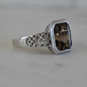 14K Gold Statement Ring, White Gold Art Deco with Smoky Quartz Stone